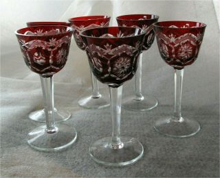 Bohemian Czech Cut - To - Clear Crystal Wine Cranberry Red 6.  3/4 " Antique Set Of 6