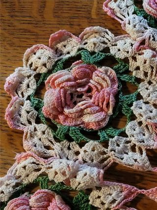 Vintage Large 30 " Hand Crocheted Table Doily Pink Green White Raised 3d Flowers