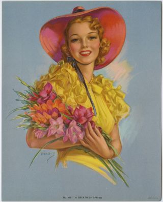 Vintage 1940s Fine Good Girl Art Gga Pin - Up Beauty Jules Erbit Flower Girl Print