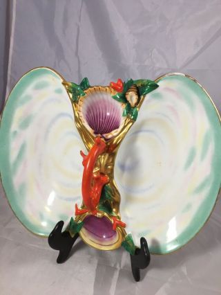 Antique Porcelain Seashell Serving Dish Large 12 X 9 Vibrant Colors Cf Mark