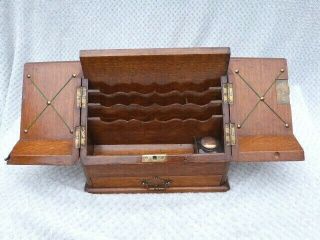 Antique Edwardian Oak Desk Top Stationary Writing Box Cabinet With Key & Inkwell