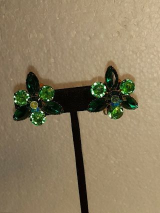 Vintage Beau Jewels Signed Green Rhinestone Flower Clip On Earrings