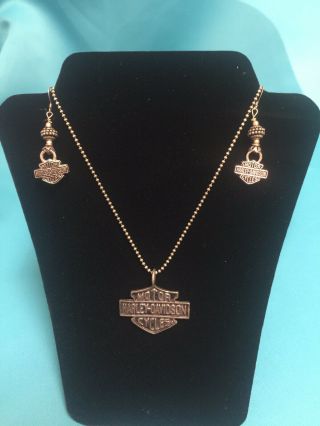 Harley Davidson 925 Sterling Ball Chain Necklace And Earring Set Bar And Shield