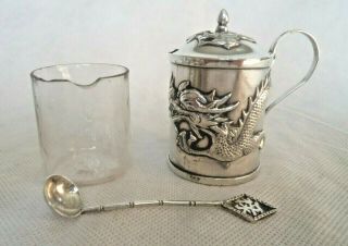 Antique Chinese Wang Hing Solid Silver Dragon Mustard Pot & Spoon