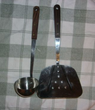 Vintage Robinson Usa Stainless Steel Wooden Handle Large Spatula & Soup Ladle