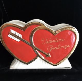 Japan Ceramic Valentines Day Red Heart Vase Planter Vintage Cupid Arrow