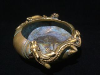 Chinese Bronze Censor Bowl With 2 Cast Dragon Figures.   3541