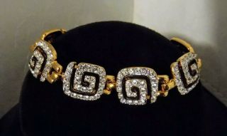 Estate Vintage Swarovski Rhinestone Bracelet Gold Tone Sectional Black Enamel