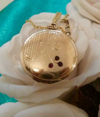Antique Gold RG/GF Locket set with 3 Garnets and lovely Chain Necklace c1900 2