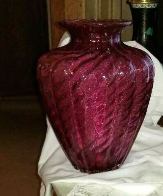 Vintage Pilgrim Glass Cranberry Optic Swirl 12 " Vase