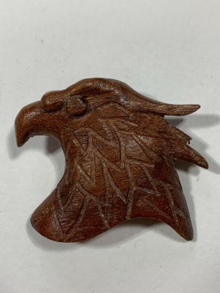 Vintage Hand Crafted Carved Signed Wooden Brooch Pin Eagle Head Dark Brown Wood