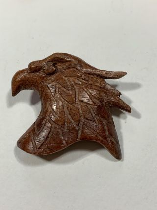 Vintage Hand Crafted Carved Signed Wooden Brooch Pin Eagle Head Dark Brown Wood 3