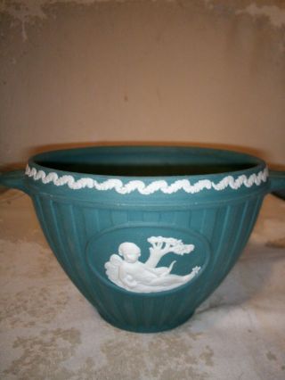 Vtg 1997 Wedgwood England Spruce Green Jasperware Cache Pot Bowl Cherub Bacchus