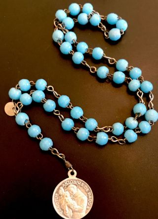 Vintage Catholic St Anthony Blue Glass Chaplet With Silver Tone Medal