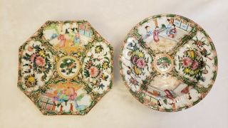 Pair Antique Porcelain Chinese Famille Rose Medallion Plates,  Hexagon & Round