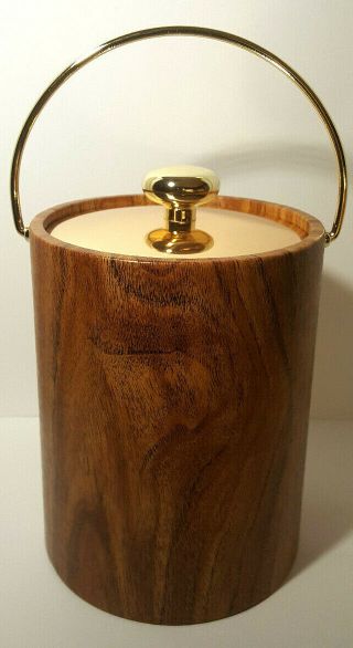 Vintage Ice Bucket Kraftware Nyc Faux Wood Vinyl Gold Lid Handle Insulated Bar