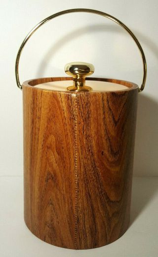 Vintage Ice Bucket Kraftware NYC Faux Wood Vinyl Gold Lid Handle Insulated Bar 2