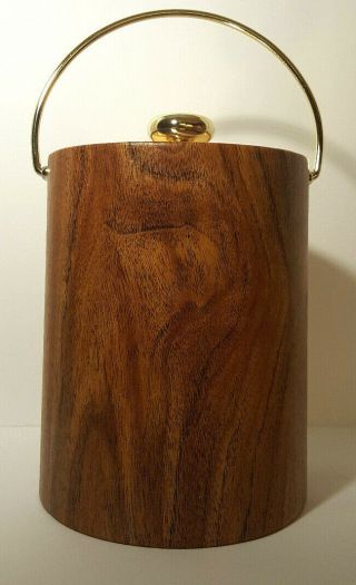 Vintage Ice Bucket Kraftware NYC Faux Wood Vinyl Gold Lid Handle Insulated Bar 3