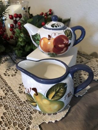 Oneida Vintage Fruit Hand Painted One Cup Teapot And Small Pitcher/creamer