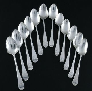 12 Fine 18/19thc Georgian London English Sterling Silver Fiddle Back Tea Spoons