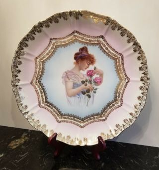 Antique Bavarian Porcelain Portrait Plate Woman With Roses 12.  5 "