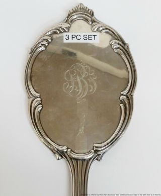 Antique Sterling Silver International Vanity Dresser Comb Mirror Brush 3pc Set 2