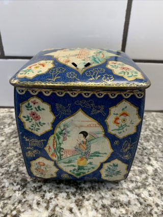 Vintage Japanese Tea Tin Metal Box Enamel Interior With Lid
