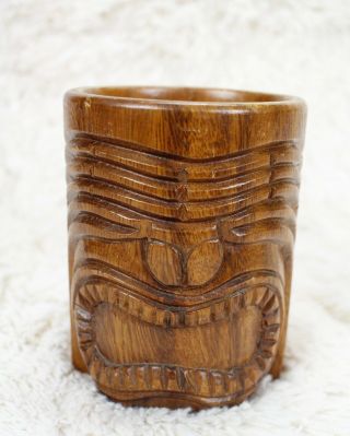 Vintage Hawaiian Tiki Mug - Hand Carved Teak Wood Carving 5 