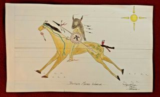 Native American Indian Artist Ledger Art On Large Antique Ledger Paper