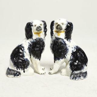 Antique Pair (2) Staffordshire Spaniel Dogs Black & White,  7 " H
