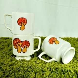 Set Of 3 Vintage 70’s Mcm Mid Century Modern Hippie Merry Mushroom Teacups