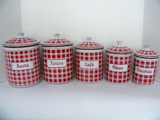 Antique 5 Pc B B Depose French Enamel Ware Canister Set Red Checked