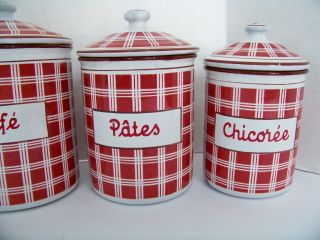 ANTIQUE 5 PC B B DEPOSE FRENCH Enamel Ware Canister Set RED Checked 2
