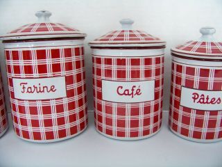 ANTIQUE 5 PC B B DEPOSE FRENCH Enamel Ware Canister Set RED Checked 3