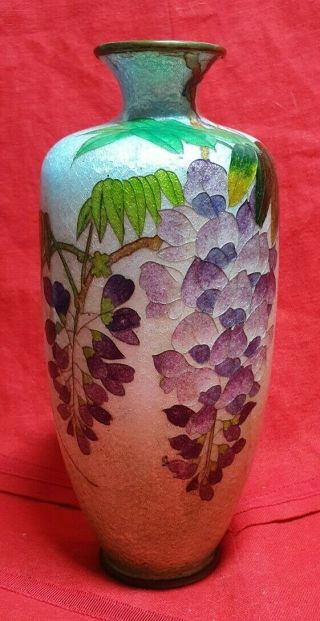 Ginbari Meiji Japanese C1900 Cloisonne Enamel Vase.  Wisteria Flowers.  Bronze Base