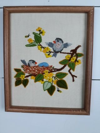 Vintage Embroidery Crewel Framed Design Of Birds On A Branch In Nest