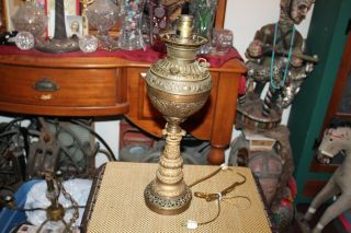Antique Victorian Kerosene Oil Lamp Converted Electric Gold Metal Designs