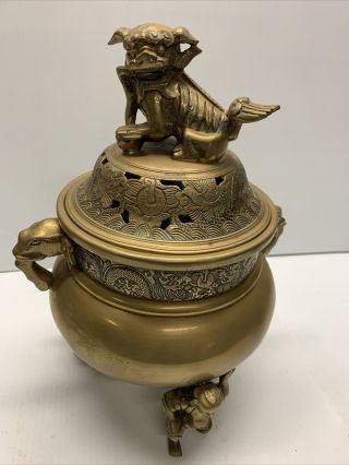 Asian Antique Chinese Buddhism Brass Foo Dog Incense Burner.
