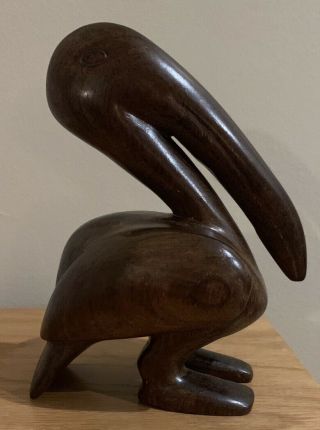 Vintage Mid Century Folk Art Solid Wood Carved Pelican Bird Statue Feet Feathers