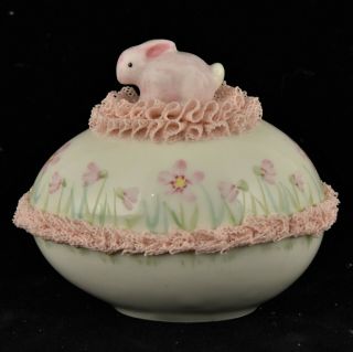 Vintage Irish Dresden Easter Egg With Bunny Rabbit And Pink Dresden Lace