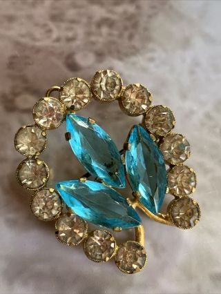 Vintage Czech Signed Baby Blue Navette Gold Tone Brooch Pin Loop For Chain