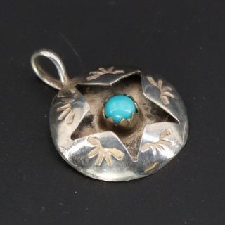Vtg Sterling Silver - Navajo Shadow Box Turquoise Star Round Pendant - 1g
