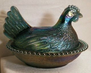 Vintage,  Blue Carnival Glass,  Hen On Nest,  Covered Dish