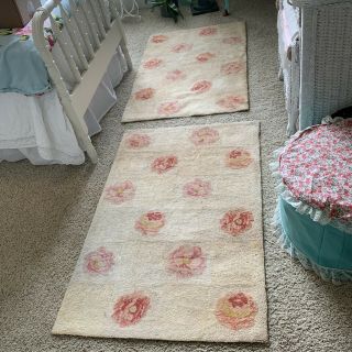 Two (2) Shabby Chic Vintage Antique Hooked Rugs Pink Floral Wool Carpet 46 " X29 "