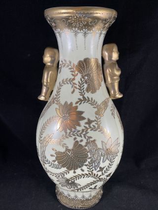 Antique Nippon Hand Painted Gold Cream Floral Man Figure Handle Vase 14 3/4”