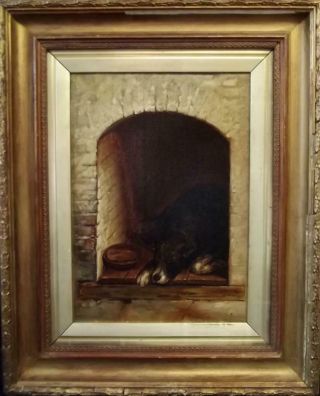 Antique British Romantic Oil Painting - The Sleeping Dog - Landseer Interest Signed
