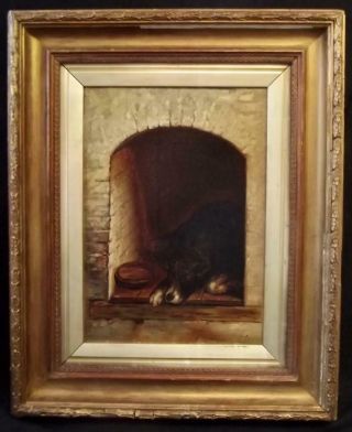 Antique BRITISH Romantic Oil Painting - The Sleeping Dog - Landseer Interest SIGNED 2