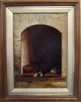 Antique BRITISH Romantic Oil Painting - The Sleeping Dog - Landseer Interest SIGNED 3