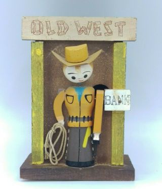 Vintage Dan - Dee Old West Cowboy Bank Coin Bank Nodder Head Arms Move Wood 1967