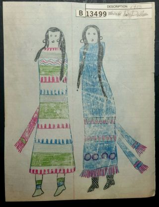 Ledger Drawing.  Two Sioux Dolls.  Early 1900s.